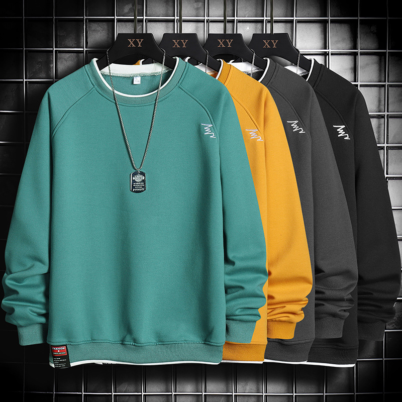 假两件美式卫衣男士春秋季ins潮牌长袖圆领t恤重磅男装纯色上衣服