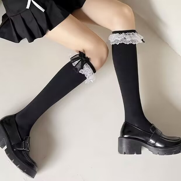 jk辣妹洛丽塔袜蕾丝花边小腿袜子lolita中长款蝴蝶结筒袜袜春秋冬