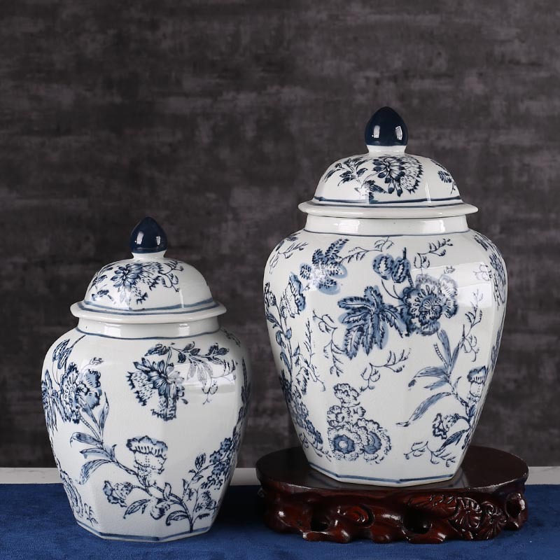 青花瓷手绘缠枝花纹八角储物罐景德镇陶瓷家居客厅摆件仿古摆设