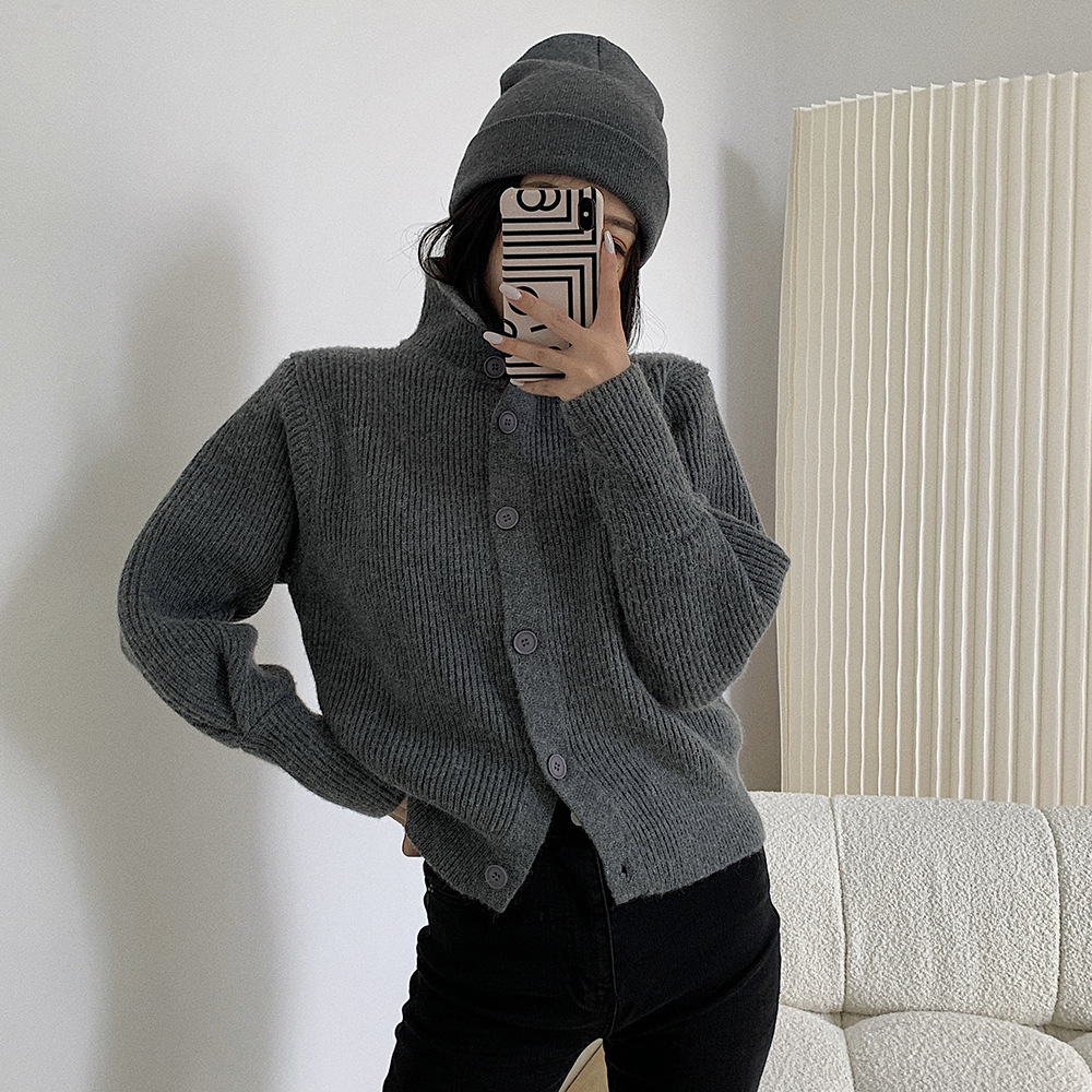 左边女装高领灰色慵懒毛衣秋冬新款宽松立领开衫女上衣外穿