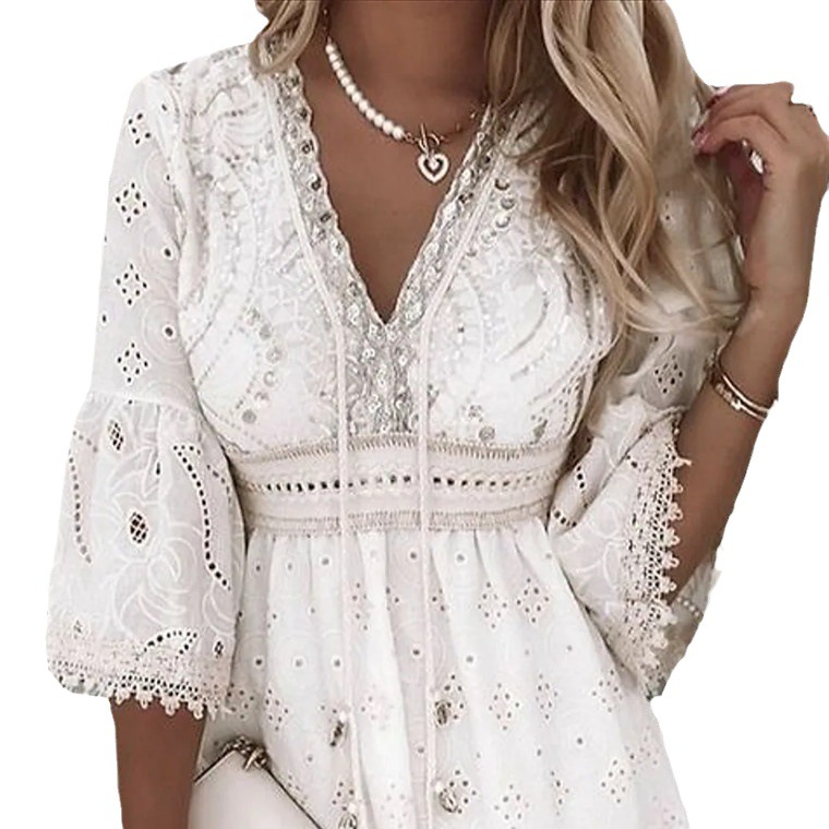 Europe and America Cross Border Foreign Trade Women's Clothing New Amazon Hot Sale White V-Collar Hollow Tassel Embroidery Dress/in Stock