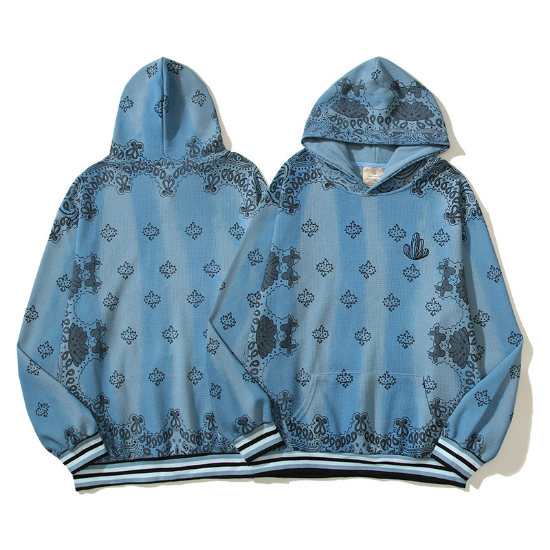 跨境批发 侃爷男女同款华夫格刺绣腰果花满印泥染连