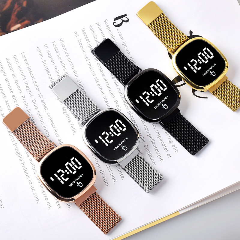 Foreign Trade New Square Watch LED Touch Electronic Watches Watch New Fashion Magnetic Snap Mesh Belt Electronic Watch Wholesale
