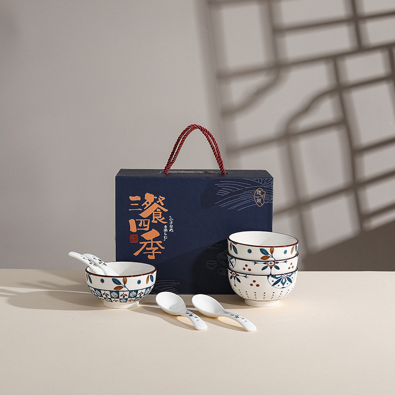 Three Meals Four Seasons Ceramic Dishware Set Creative Gift Opening Ceremony Gift Japanese Bowl and Chopsticks Set Bowl Set