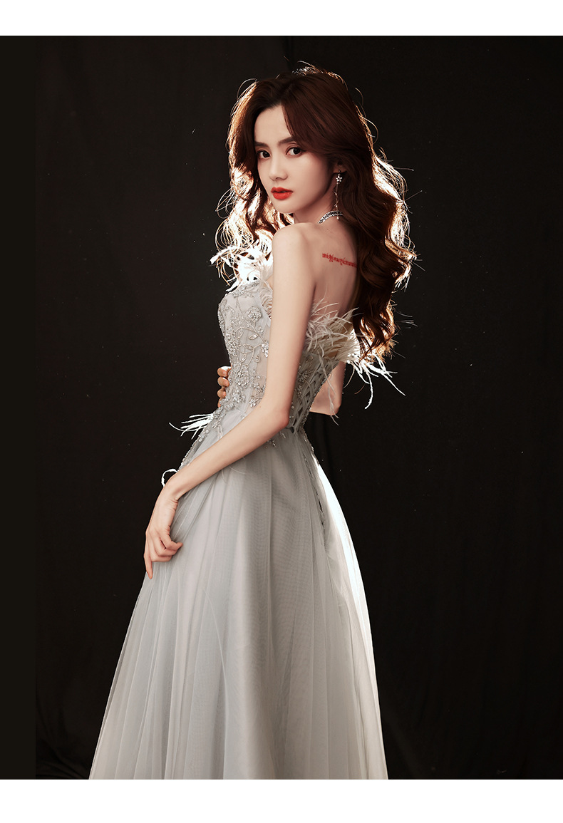 超仙浅蓝灰抹胸晚礼服女2022新款气质宴会晚宴羽毛生日公主裙18岁