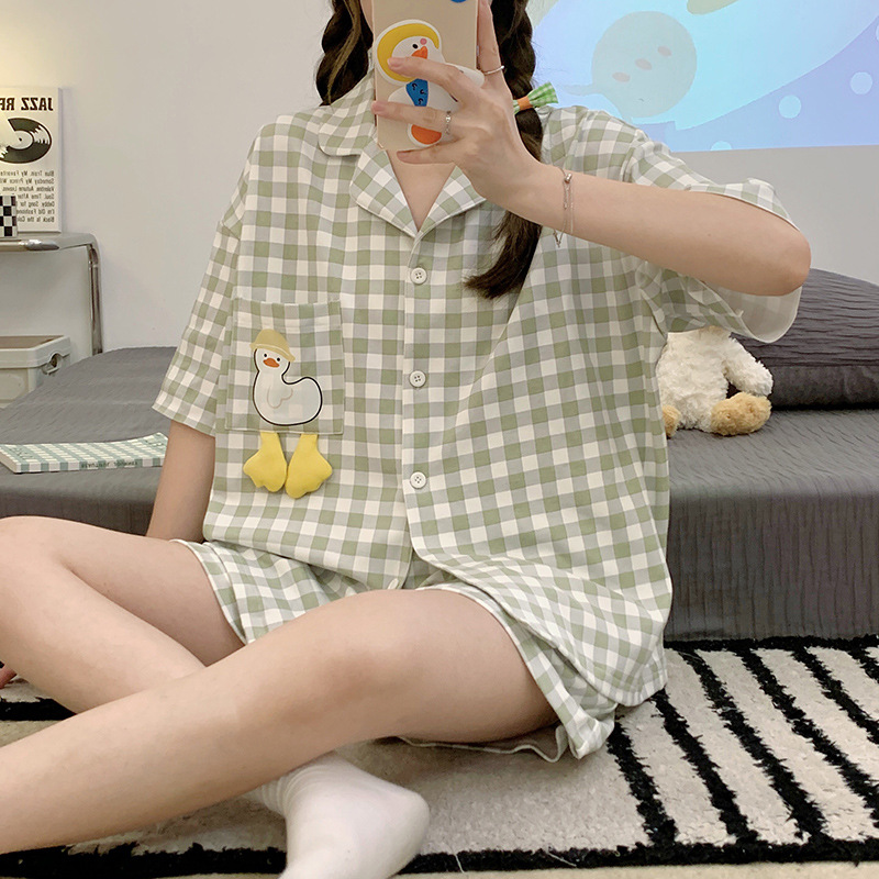 New Pajamas Women's Short Sleeve Summer Lapels Cardigan Suit Student Sweet Cute Cartoon Women's Cotton