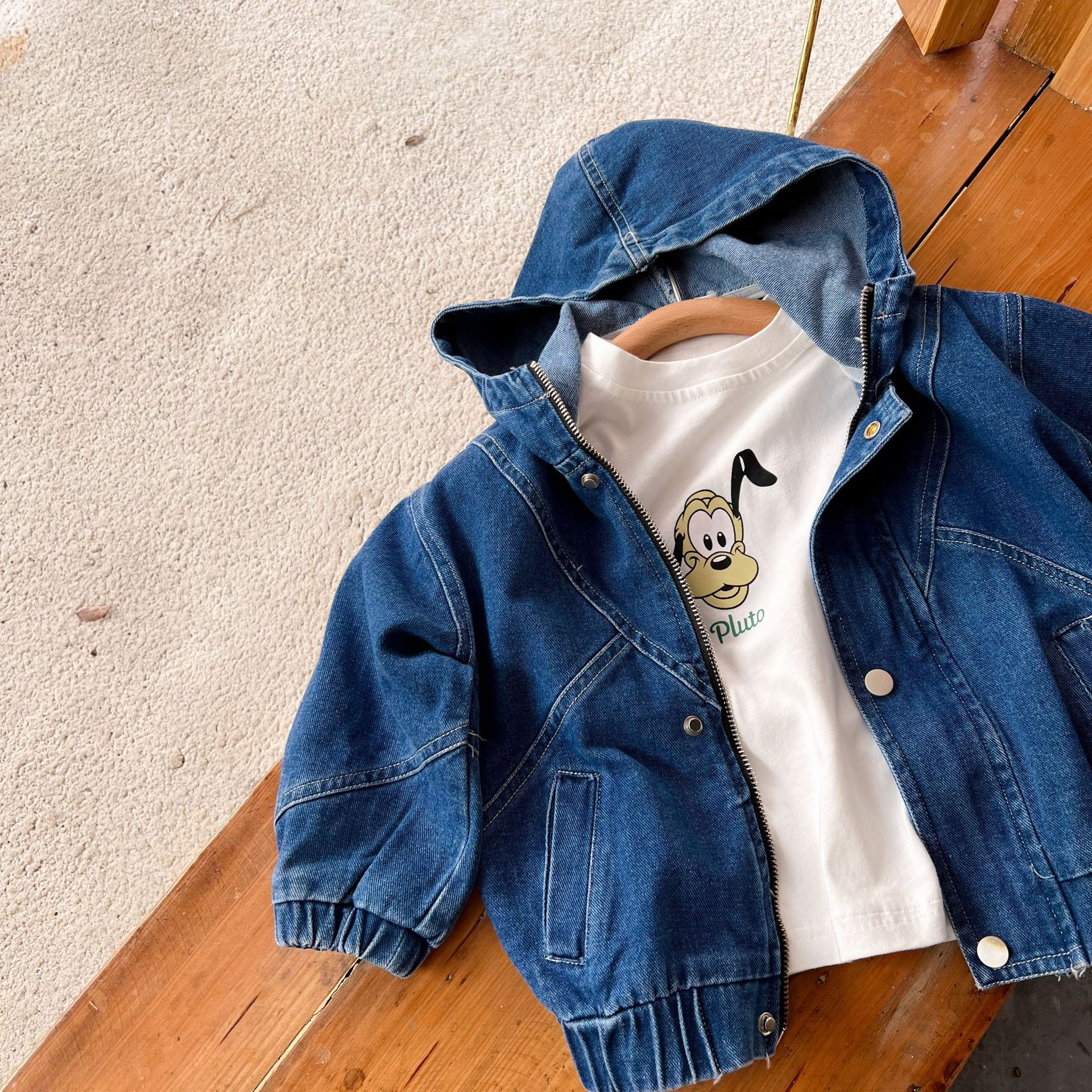 韩版童装男童牛仔衣儿童连帽外套开衫女宝宝外穿上衣春秋一件代发