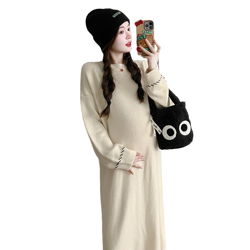 Internet Celebrity Pregnant Women Autumn and Winter Large Size Thickened Knitting Long Dress Gentle Soft Glutinous Loose Design Pullover Dress Sweater