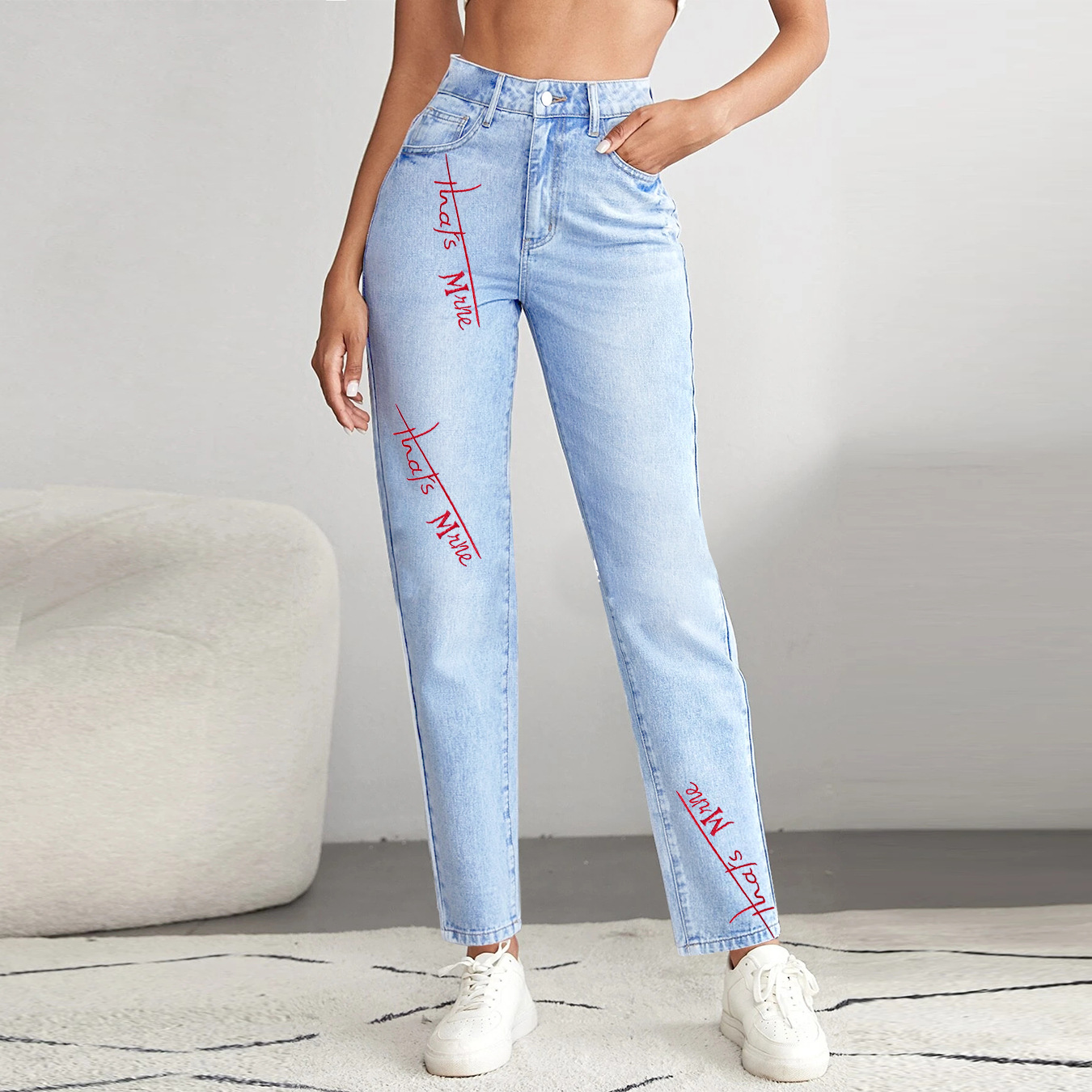 Xk0002# Foreign Trade Cross-Border Amazon Eaby European and American Women's Clothing Personality Fashion Graffiti Bullet-Free Denim Skinny Pants