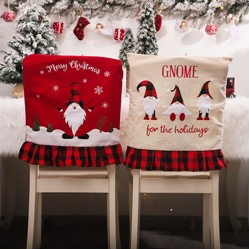 Cross-Border European and American New Christmas Decoration Supplies Checked Cloth Chair Back Cover Linen Machine Embroidered Faceless Chair Cover for the Elderly