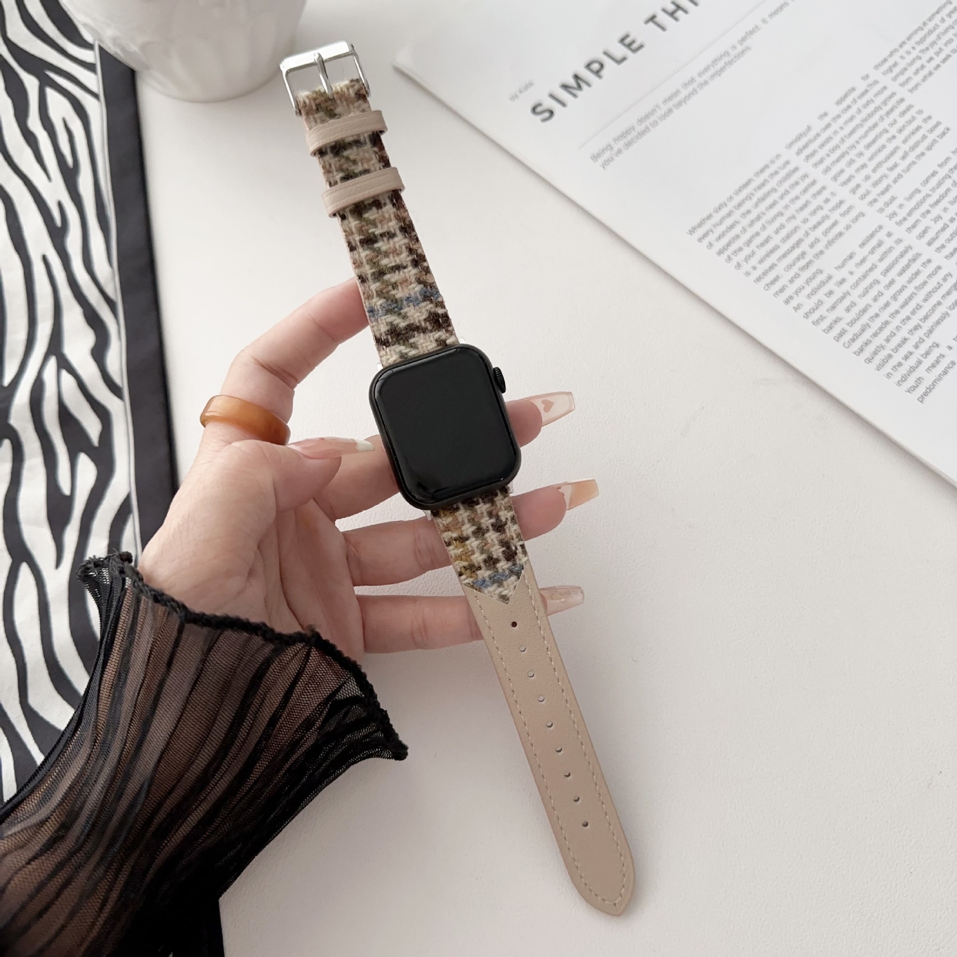 适用于苹果applewatch9手表带格纹毛呢拼皮质iwatch876se表带秋冬