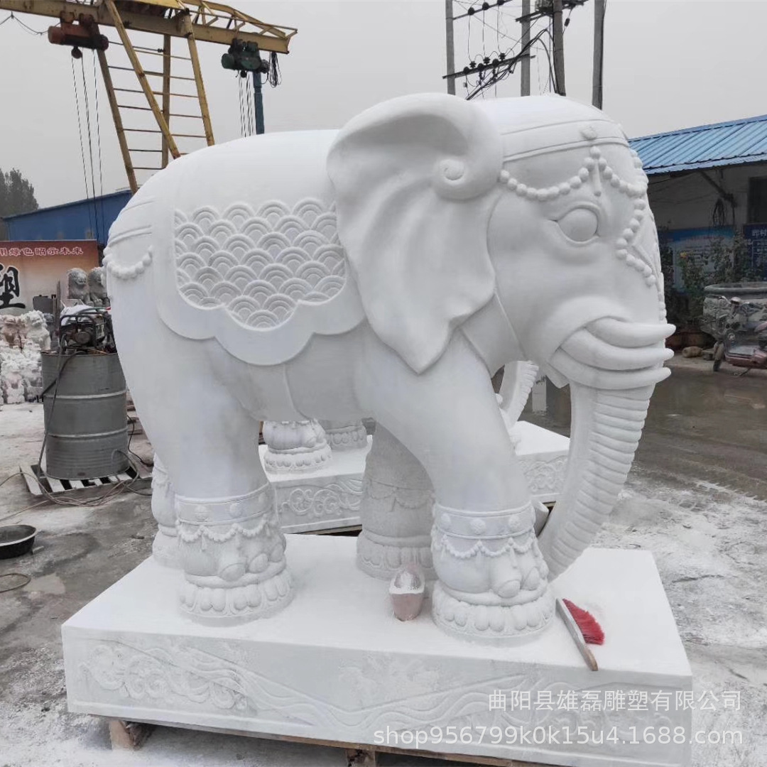 汉白玉石雕六牙大象一对庭院门口吉祥如意大象驮宝瓶佛像坐骑神兽
