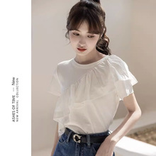 荷叶边短袖T恤女夏韩版2024新款设计感小众白色独特别致上衣