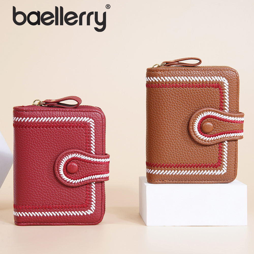 女款钱包 baellerry新款短款跨境时尚搭扣拉链零钱包绣花风琴卡包
