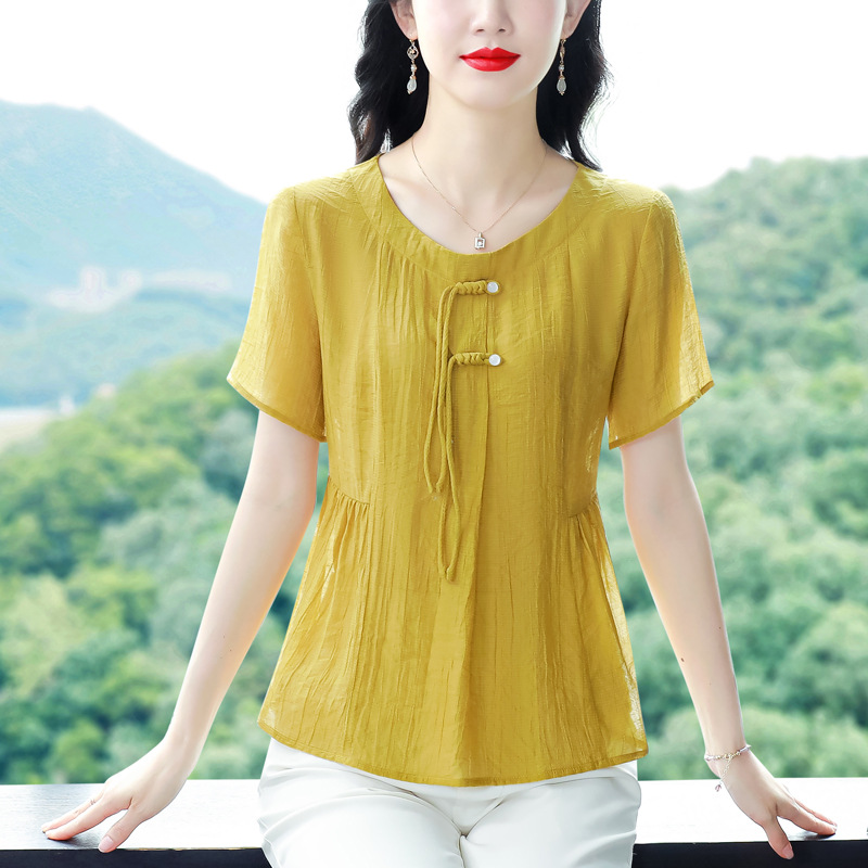 夏装洋气小衫2024新款短袖宽松纯色上衣服遮肚中老年女装t恤-阿里巴巴