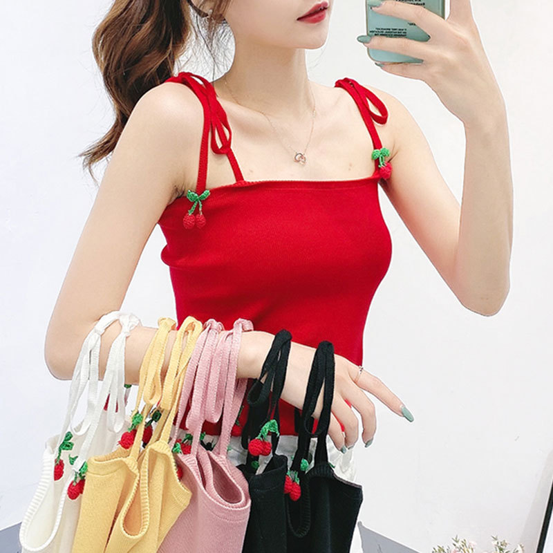 红色针织小吊带背心女外穿樱桃蝴蝶结系带无袖可爱上衣内搭打底衫