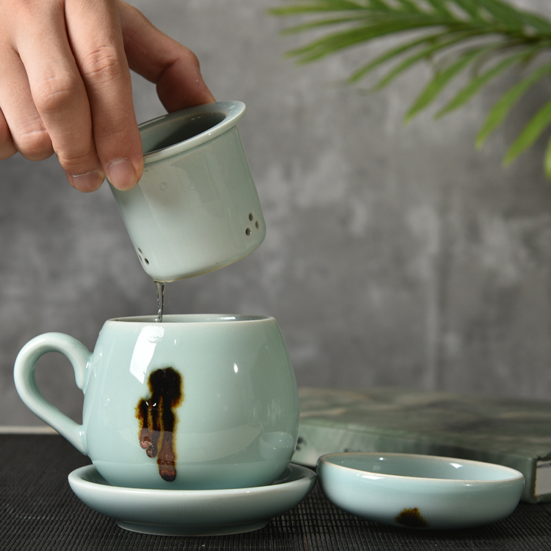 龙泉青瓷名家大号杯子陶瓷办公杯带盖过滤内胆茶水分离四件套茶杯