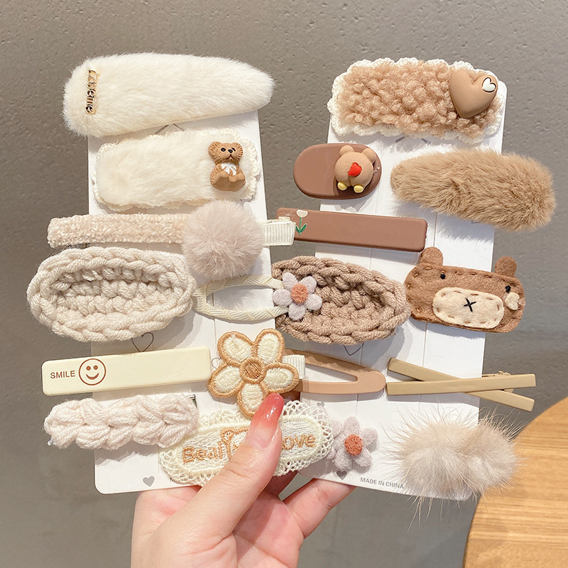 Plush Barrettes Autumn and Winter Coffee Color Hairpin Female Clip Hairware Side Bangs Internet Celebrity Cute Japanese Style Clip Word Clip