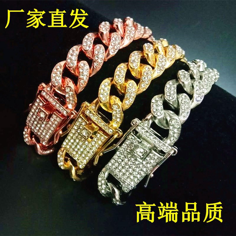 欧美嘻哈潮人古巴链镶钻手链13毫米满钻男女士hiphop