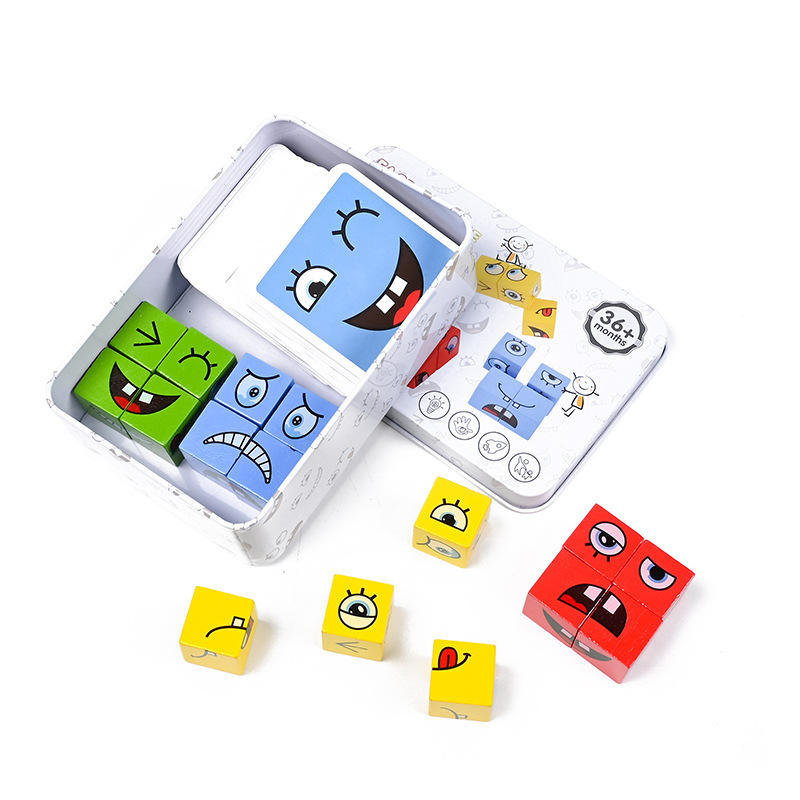 Tiktok Face-Changing Cube Building Blocks Toys Wholesale Parent-Child Interactive Desktop Battle Game Wooden Smiley Face Expression Cube