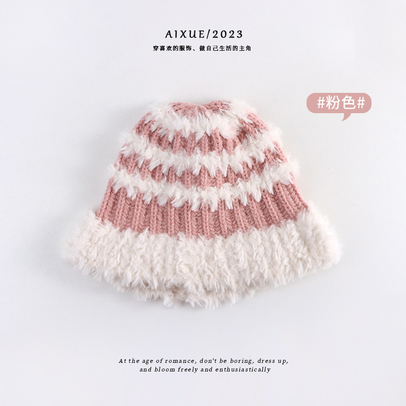 Japanese and Korean Style Stripe Bucket Hat Color Matching Dome Multicolor Thickened Warm Hat Hand Crocheting Plush Bonnet New Woolen Cap