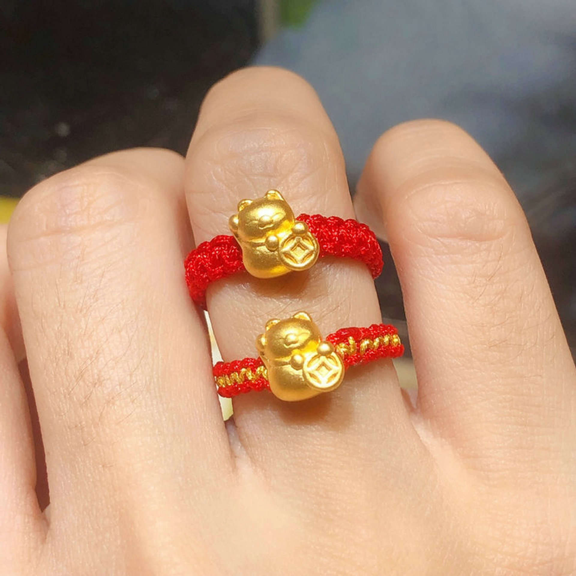 3d硬金黄金招财猫转运珠戒指本命年红绳编织999足金情侣戒指批发