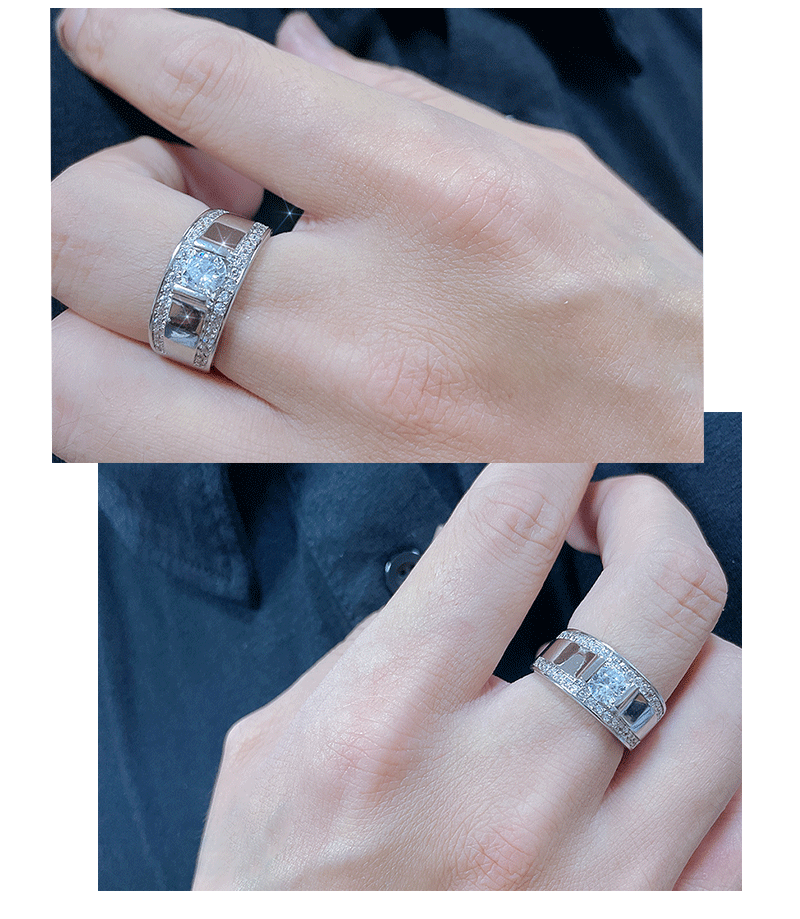 韩版莫桑钻石戒指男潮霸气满钻镀白金酷可调节男士钻戒开口手饰品