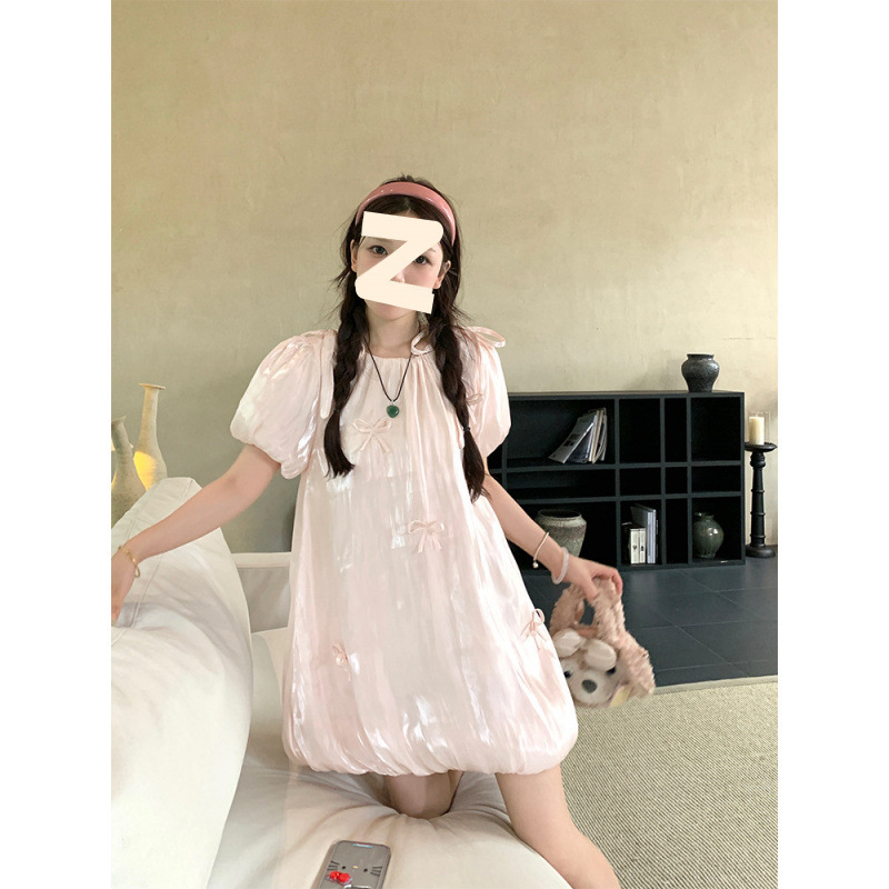 元气少女夏粉嫩蝴蝶结花苞下摆连衣裙