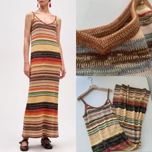 艺术美学民族风 羊绒棉编织撞色彩虹条纹弹力针织连衣裙 吊带长裙