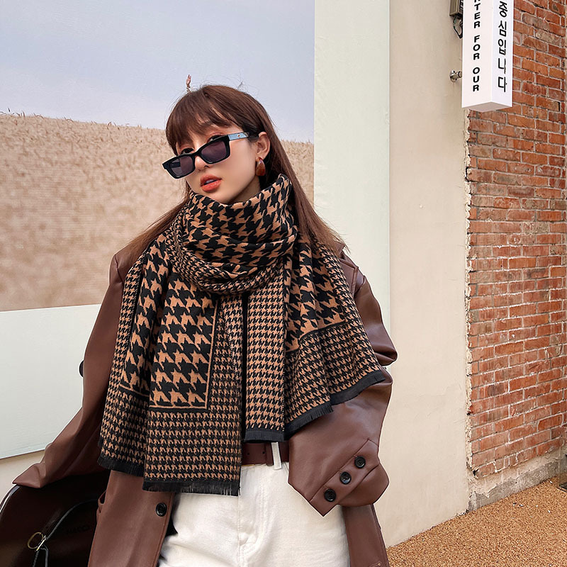 Korean Style Geometric Letter Scarf Custom Plaid Houndstooth Long Cashmere-like Jacquard Shawl to Figure Customization as Request