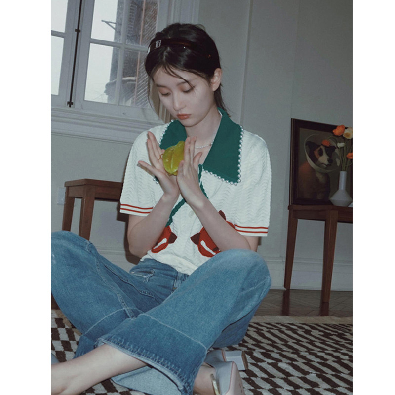 抖音乔欣明星同款衣服春季樱桃短袖针织衫娃娃领拼色t恤上衣女 潮