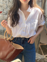 法式独特白色短袖衬衫女夏季2024新款高级韩系衬衣设计感小众上衣
