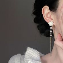 法式复古山茶花珍珠流苏耳钉S925银小众设计超仙耳坠高级感耳饰女
