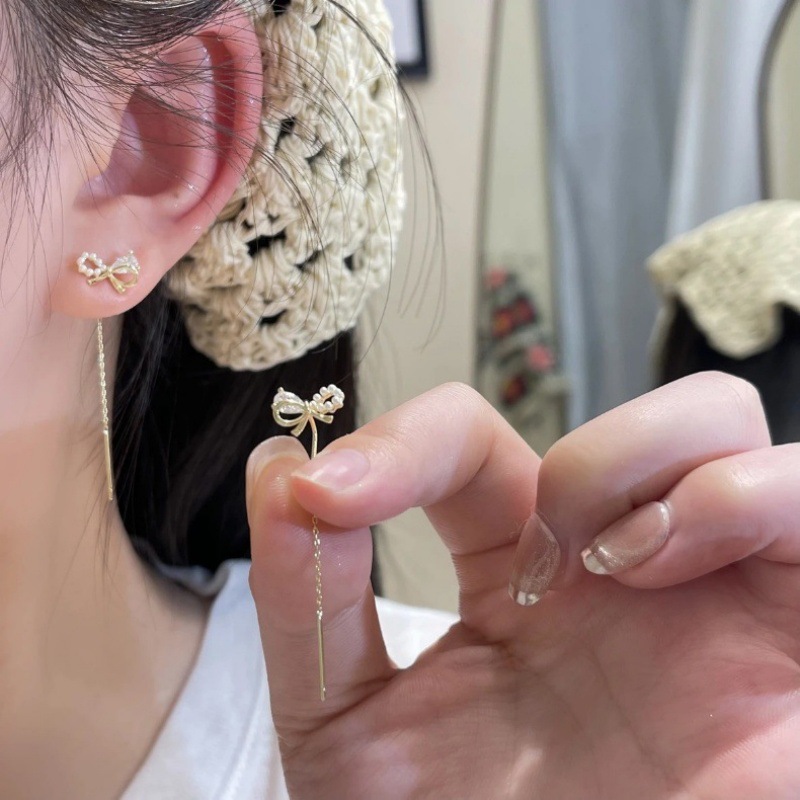 法式甜美珍珠锆石蝴蝶结耳线温柔气质高级感精致小众耳环百搭耳饰