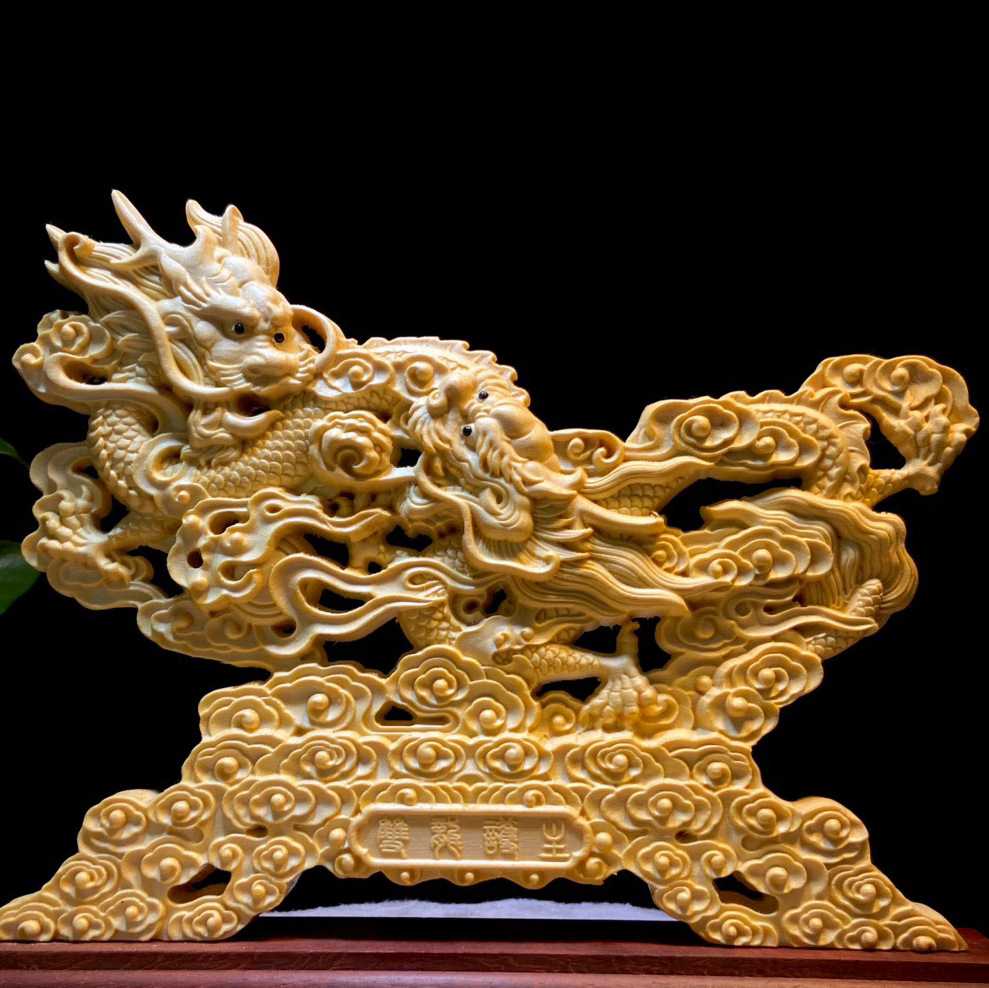 黄杨木雕双龙戏珠客厅摆件 双面雕商务礼品家居装饰根雕摆设工艺