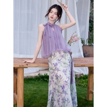 实拍  紫色鸢尾花套装裙复古新中式改良旗袍