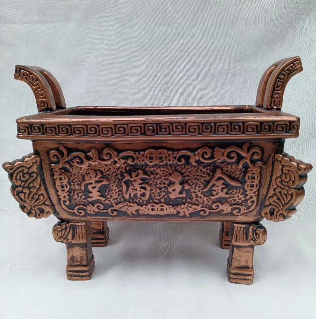 混批寺庙佛堂家用陶瓷双耳四脚方鼎炉仿红铜招财进宝金玉满堂香炉