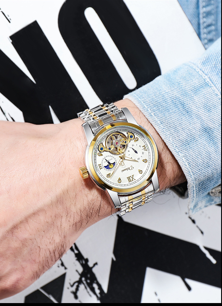 狄凡尼全自动机械表瑞士大飞轮男士机械表夜光日月星辰功能男手表