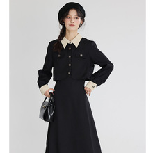 长袖假两件小香风连衣裙女秋季新款黑色显瘦感裙子
