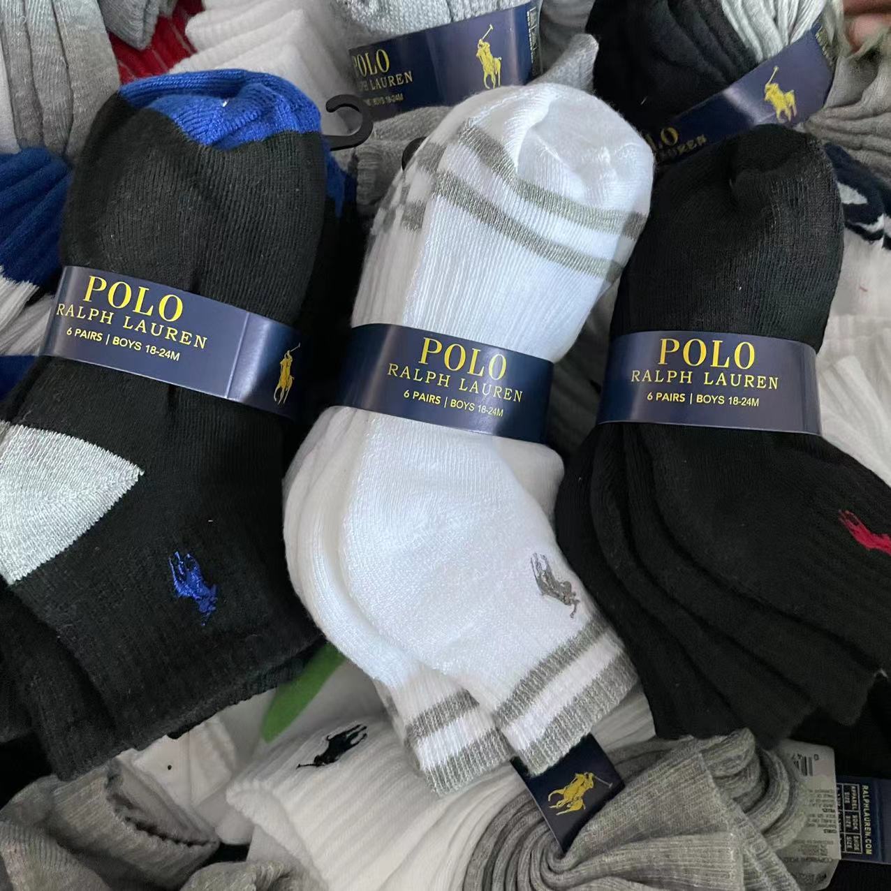 外贸polo保罗袜子拉夫劳伦袜子吸汗男童中筒纯色黑白休闲男袜