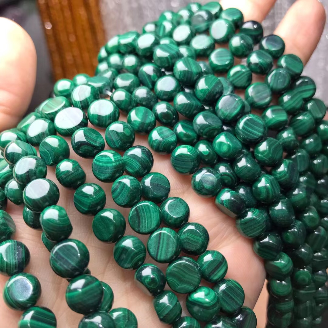 天然水晶 孔雀石圆饼形珠子 切面刻面散珠 硬抛切割西瓜面半成品