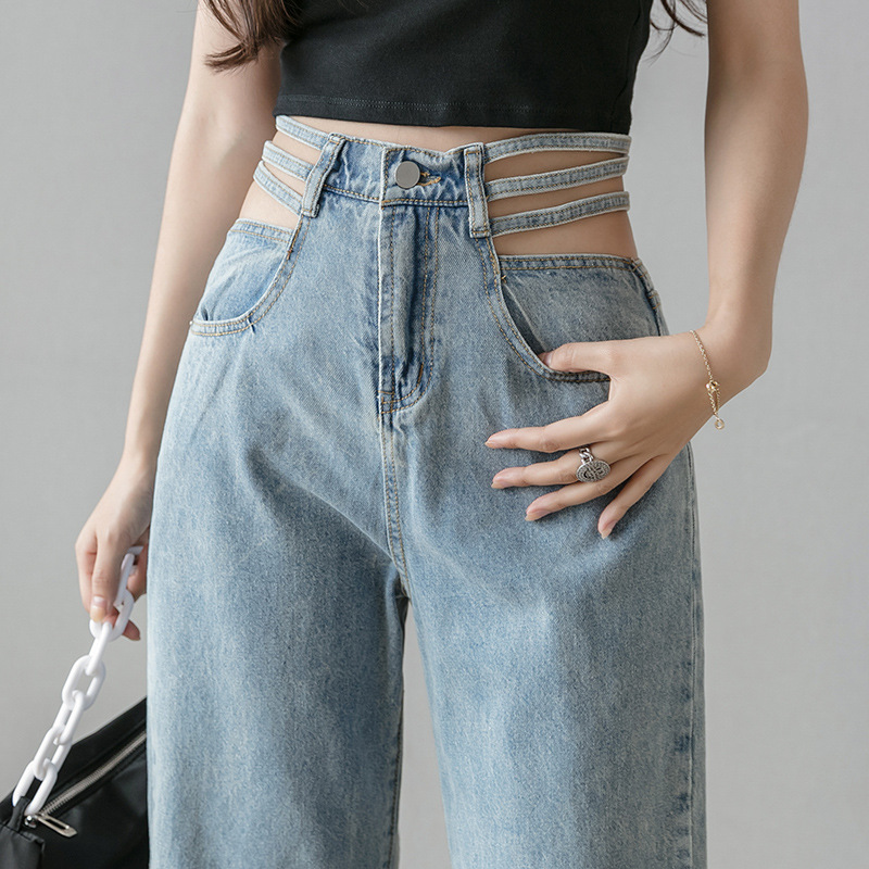 潮2020夏款高腰显瘦复古水洗直筒牛仔裤侧边镂空露腰三根带牛仔裤