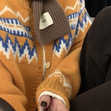 秋冬韩系100%羊毛复古提花排扣长袖舒适保暖休闲毛衣羊毛衫针织衫