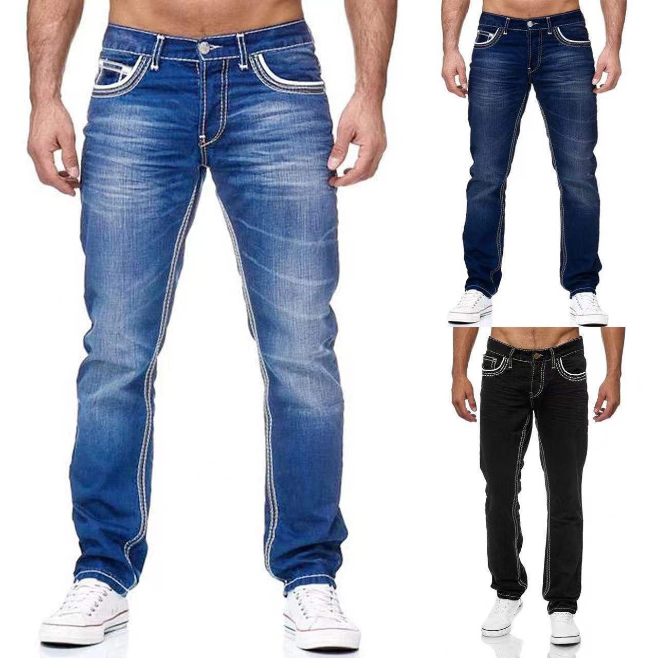   European and American High Quality Wish New Men's Slim Double ine Jeans Amazon SATINE Three Color Jeans New