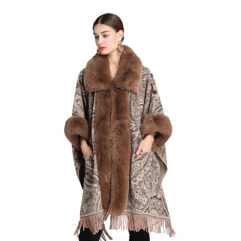 667# European and American Autumn and Winter New Imitation Rex Rabbit Fur Collar Shawl Cape Jacquard Loose-Fitting Tassel Oversized Woolen Coat Female
