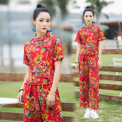2022春夏新款女民族风复古棉麻凤凰花立领盘扣短袖印花两件套