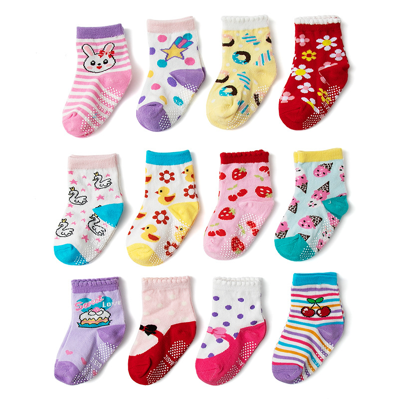 2023 New Spring and Summer Amazon Children Non-Slip Floor Socks Solid Color Polka Dot Cotton Socks Children's Socks Wholesale 12 Pairs