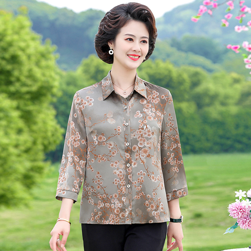 2024新品杭州丝绸妈妈真丝衬衫女中老年桑蚕丝衬衣品牌香云纱上衣