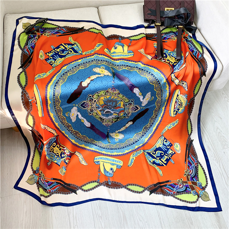 European and American Style Letter Artificial Silk Large Kerchief Silk Scarf Outer Sunscreen Shawl Dual-Use Mother's Brocade Satin Scarf