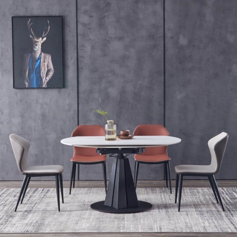 变形圆桌多功能家用可伸缩饭桌香槟色餐桌圆形轻奢亮光岩板实木园